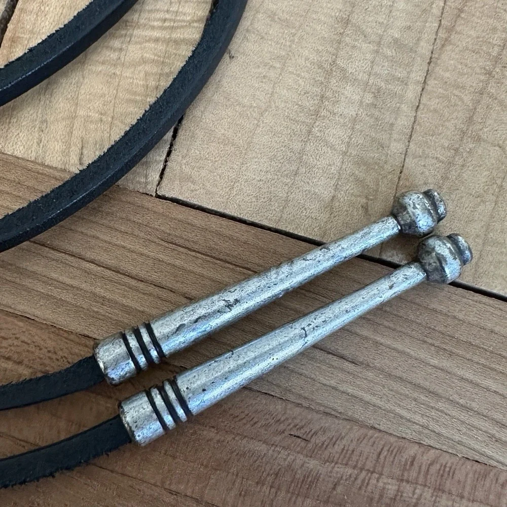 Vintage Western Bolo Tie 40 Inch Silver Plated Brass Concho Black Leather Cord